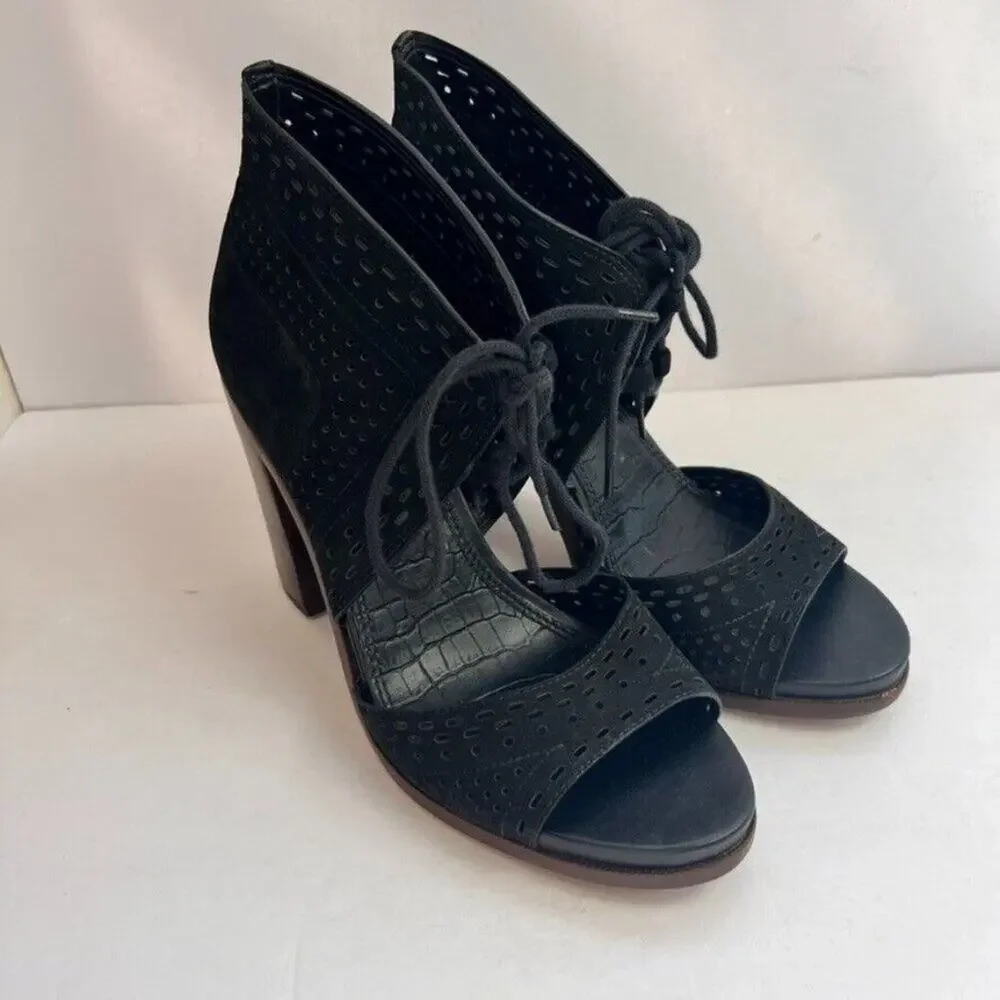 Gianni Bini Sandals Womens 8M Black Gypsy Block Heel Peep Toe Lace Up Perforated